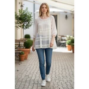 Lola Made In Italy White Sheer Silk Tunic Top Lace Lagenlook Boho Coastal Size L